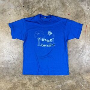 Vintage 1980s Camp John Smith Blue Graphic T-Shirt Made in USA Screen‎ Stars L